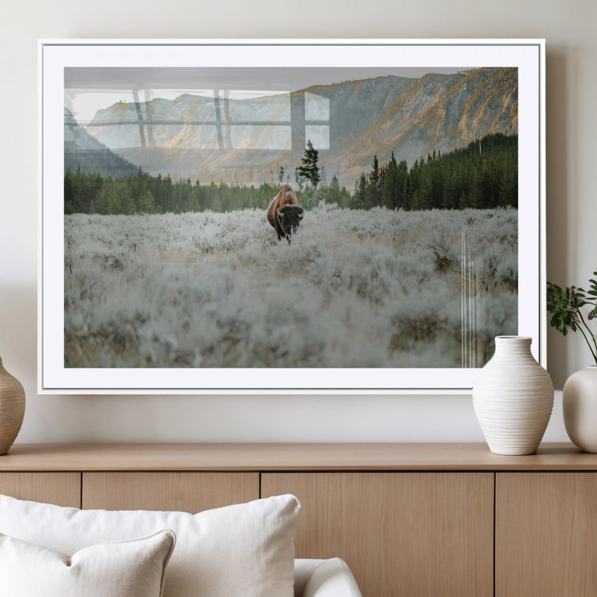 Wild Bison Wall Art Canvas Print, Majestic Mountain Pines and Misty Wilderness