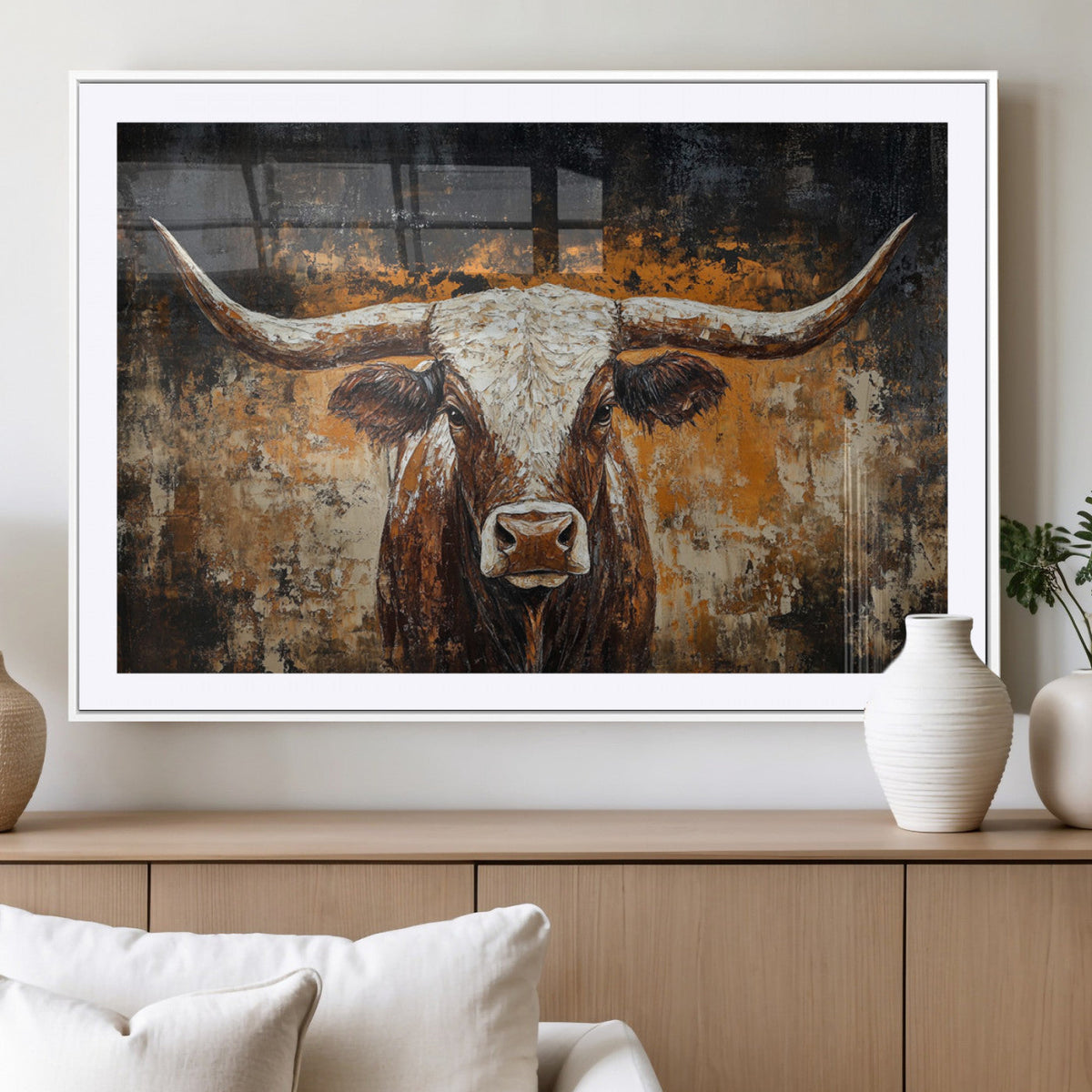 Abstract Longhorn Bull Wall Art Canvas Print, Vintage Western Texas Steer Artwork