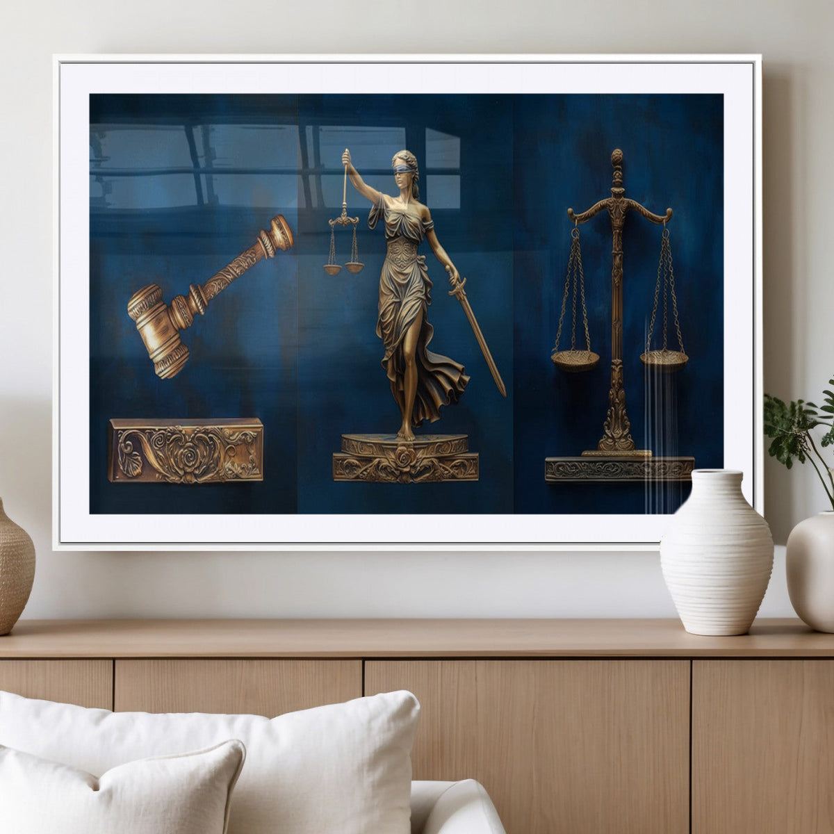 Lady Justice Wall Art Canvas Print, Elegant Gold Legal Symbols on Blue, Law Office Decor
