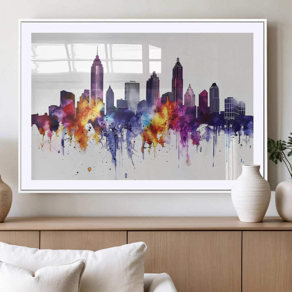 Atlanta Skyline Wall Art Canvas Print, Framed Colorful Watercolor Cityscape