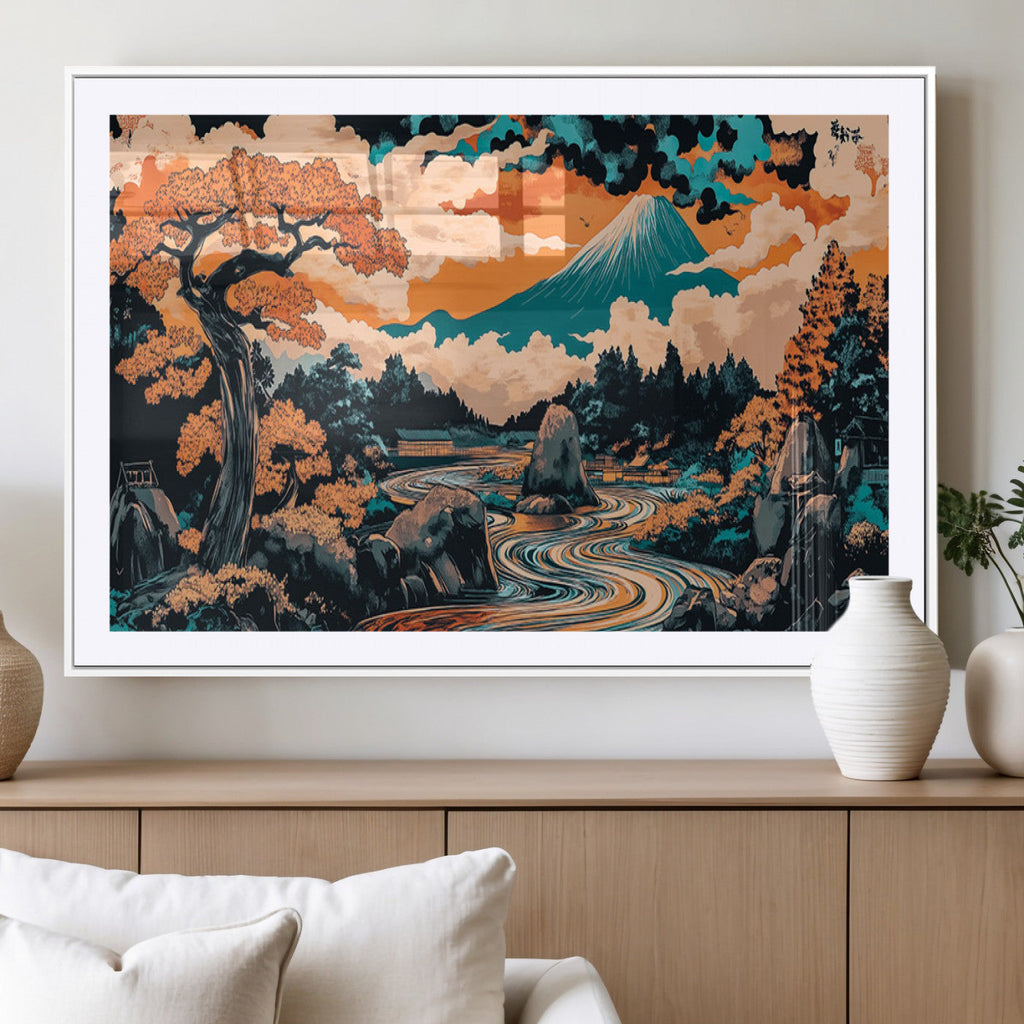 Japanese Landscape Wall Art Canvas Print, Mount Fuji with Flowing River and Autumn Trees