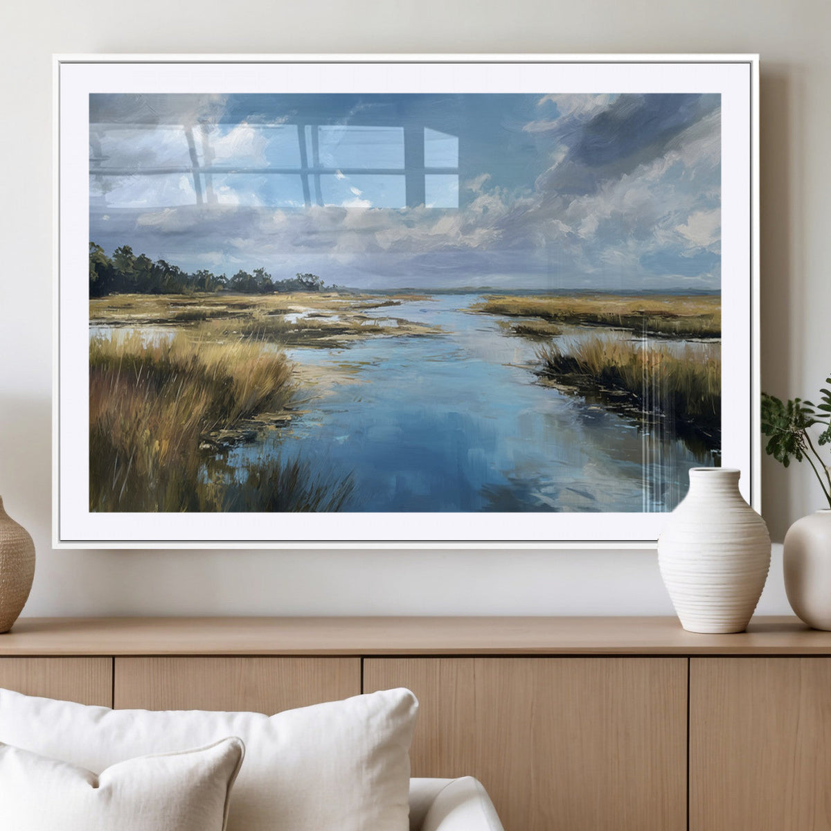 Marshland Wall Art Canvas Print, Serene Water Reflection with Blue Sky and Golden Grass