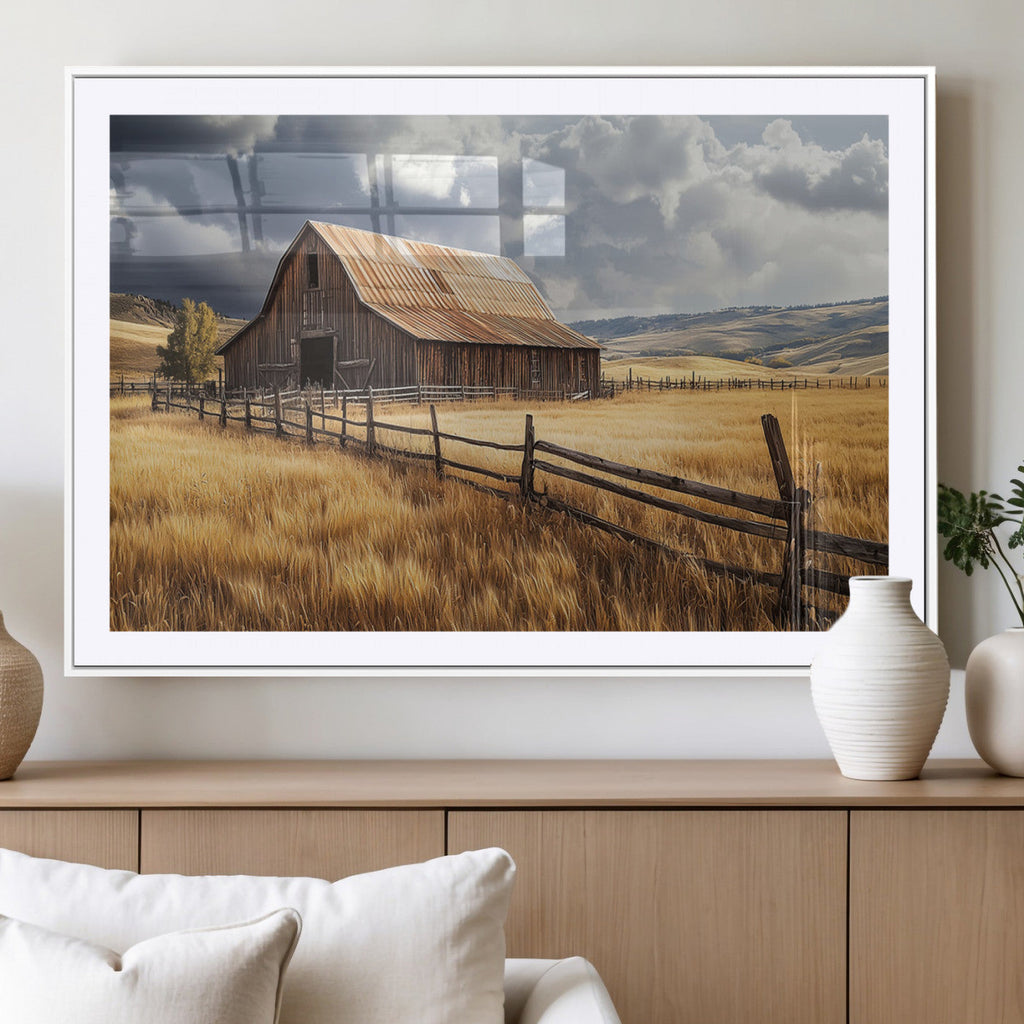 Golden Wheat Field Barn Canvas Print, Rustic Farm Landscape Under Dramatic Sky