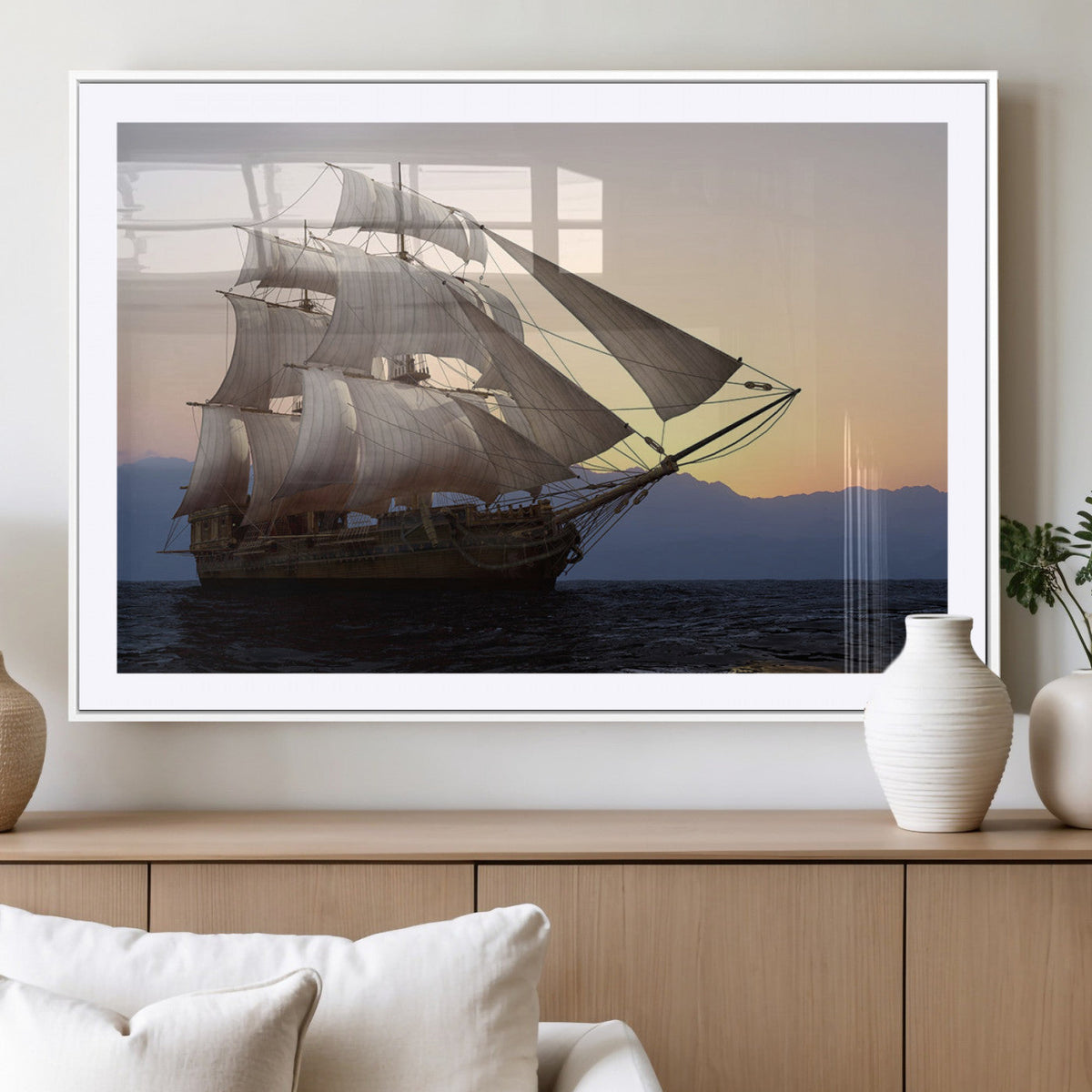 Majestic Sailing Ship Wall Art Canvas Print, Sunset Ocean Voyage with Tall Ship