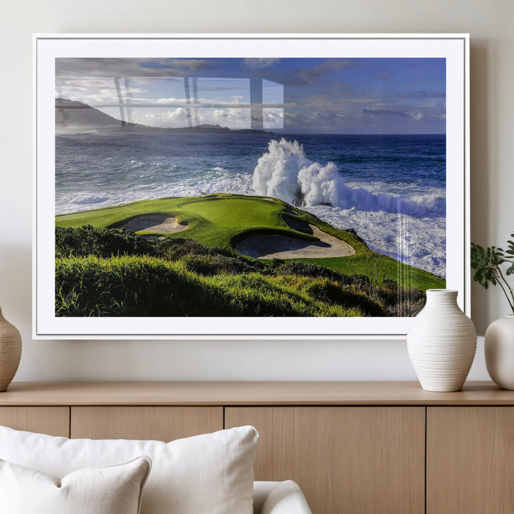 Ocean Waves Crashing Wall Art Canvas Print, Dramatic Rocky Coastline Near a Golf Course