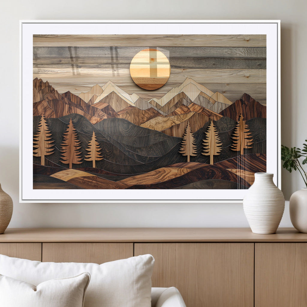 Wooden Mountain Layers Art | Rustic Pine Tree Landscape