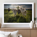 Grazing Cattle Herd Wall Art Canvas Print, Framed Green Pasture Farm Scene