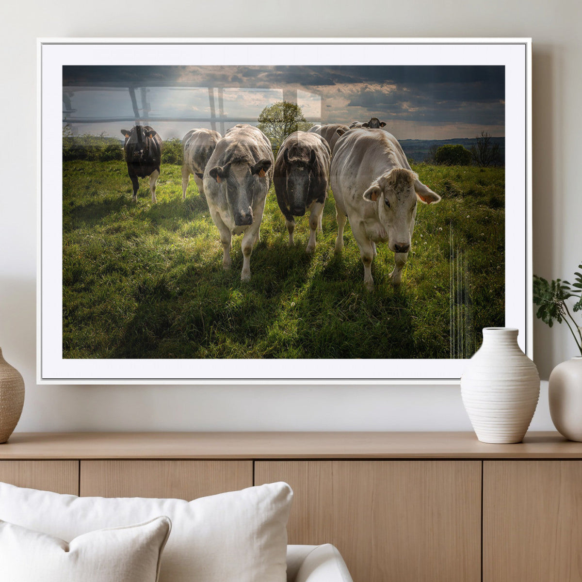 Grazing Cattle Herd Wall Art Canvas Print, Framed Green Pasture Farm Scene