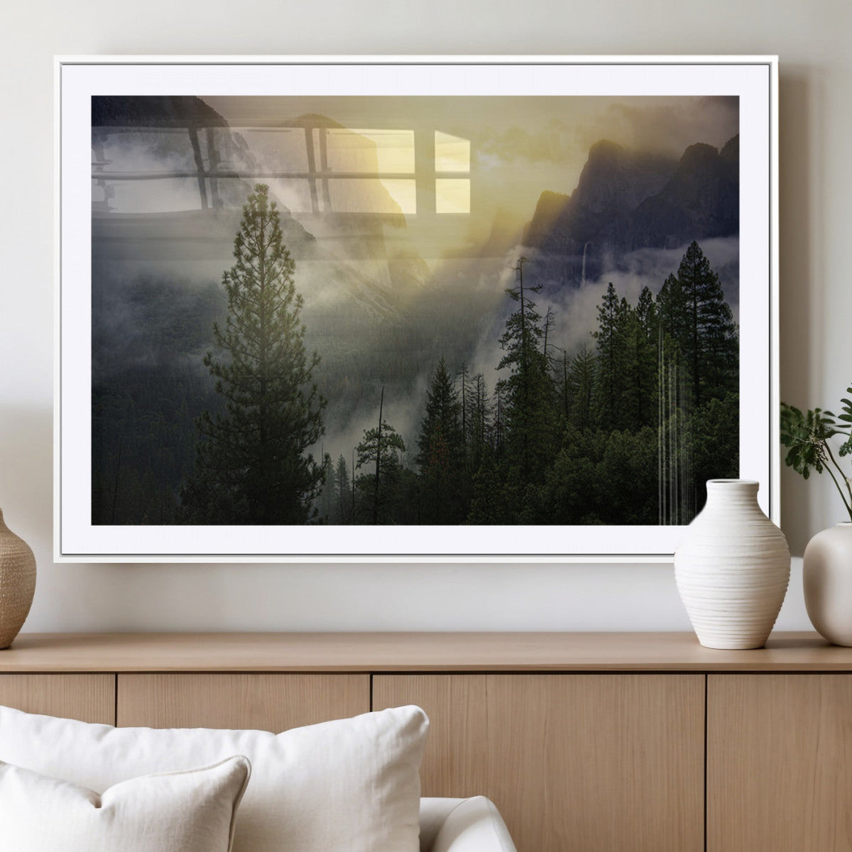 Misty Forest Sunrise Wall Art Canvas Print, Framed Mountain Valley Pine Trees