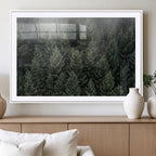 Misty Pine Forest Wall Art Canvas Print, Lush Green Trees Surrounded by Gentle Fog
