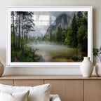 Misty Lake Forest Wall Art, Green Trees and Calm Water Reflection, Mountain Fog Landscape Canvas