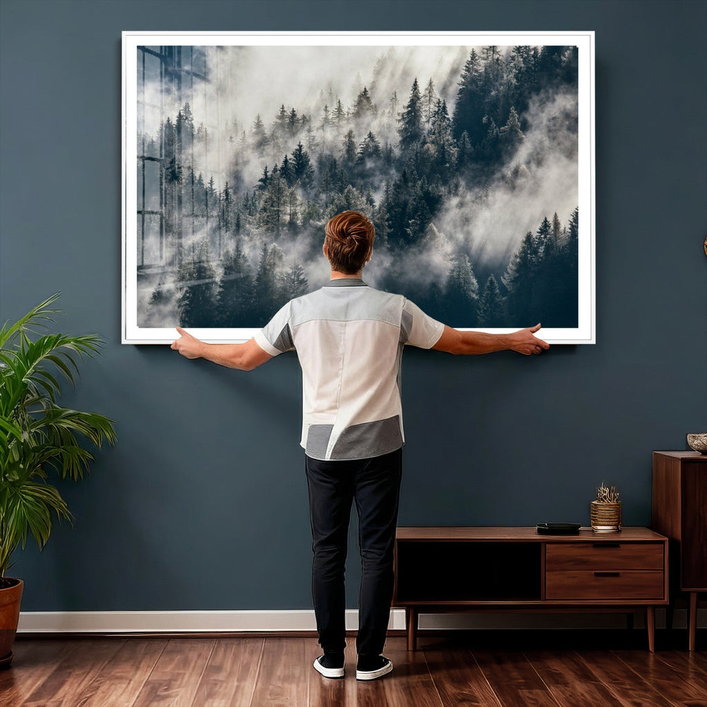 Foggy Mountain Forest Canvas Print, Misty Pine Trees Nature Wall Art