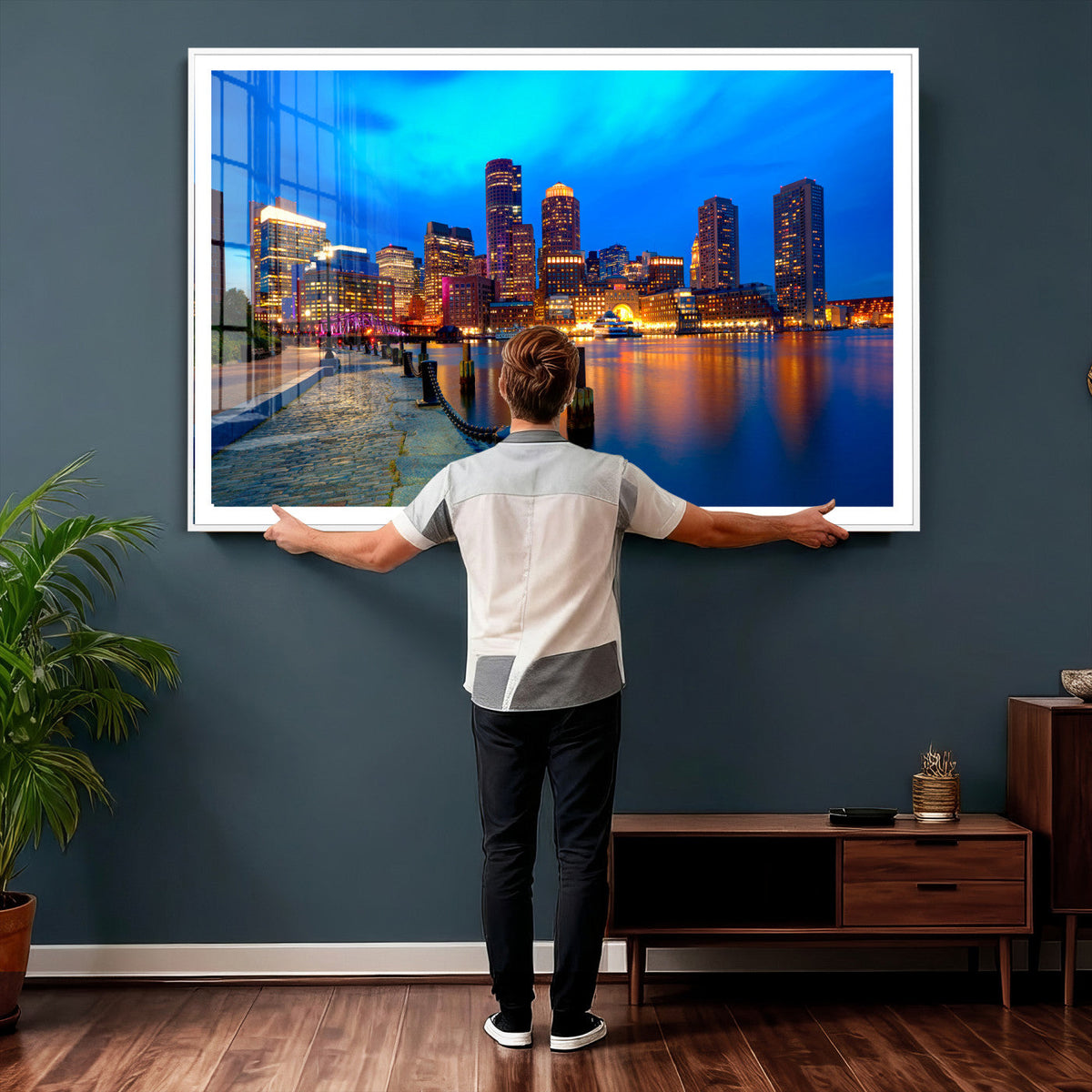 Boston Wall Art Canvas Print, Boston City Downtown Night Cityscape