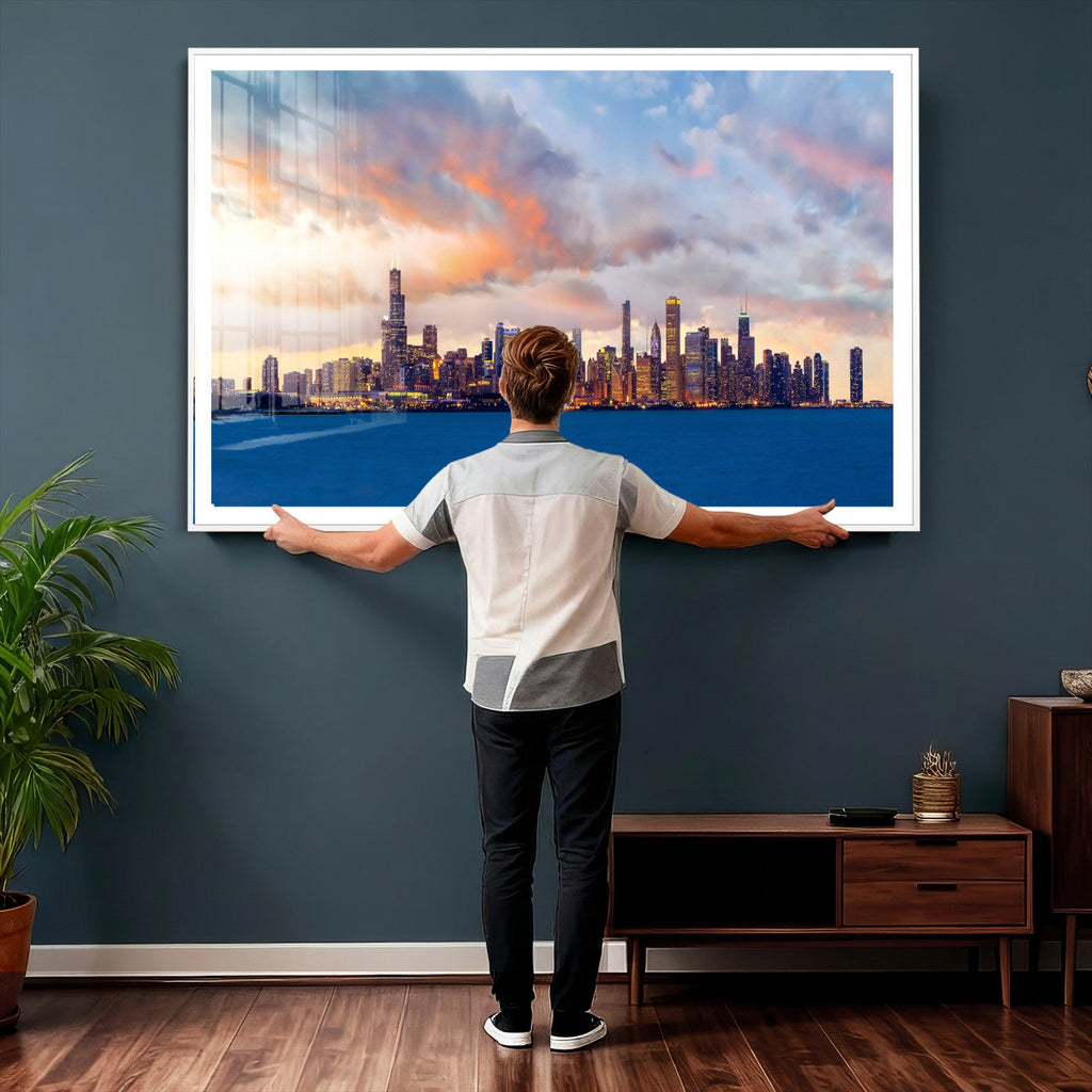 Chicago Wall Art Canvas Print - Chicago City Downtown Night Cityscape
