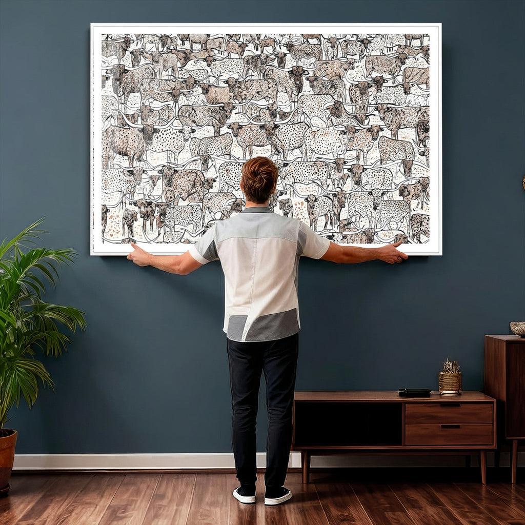 Abstract Texas Cow Wall Art Canvas Print, Farm Longhorn Art for Cabin Decor