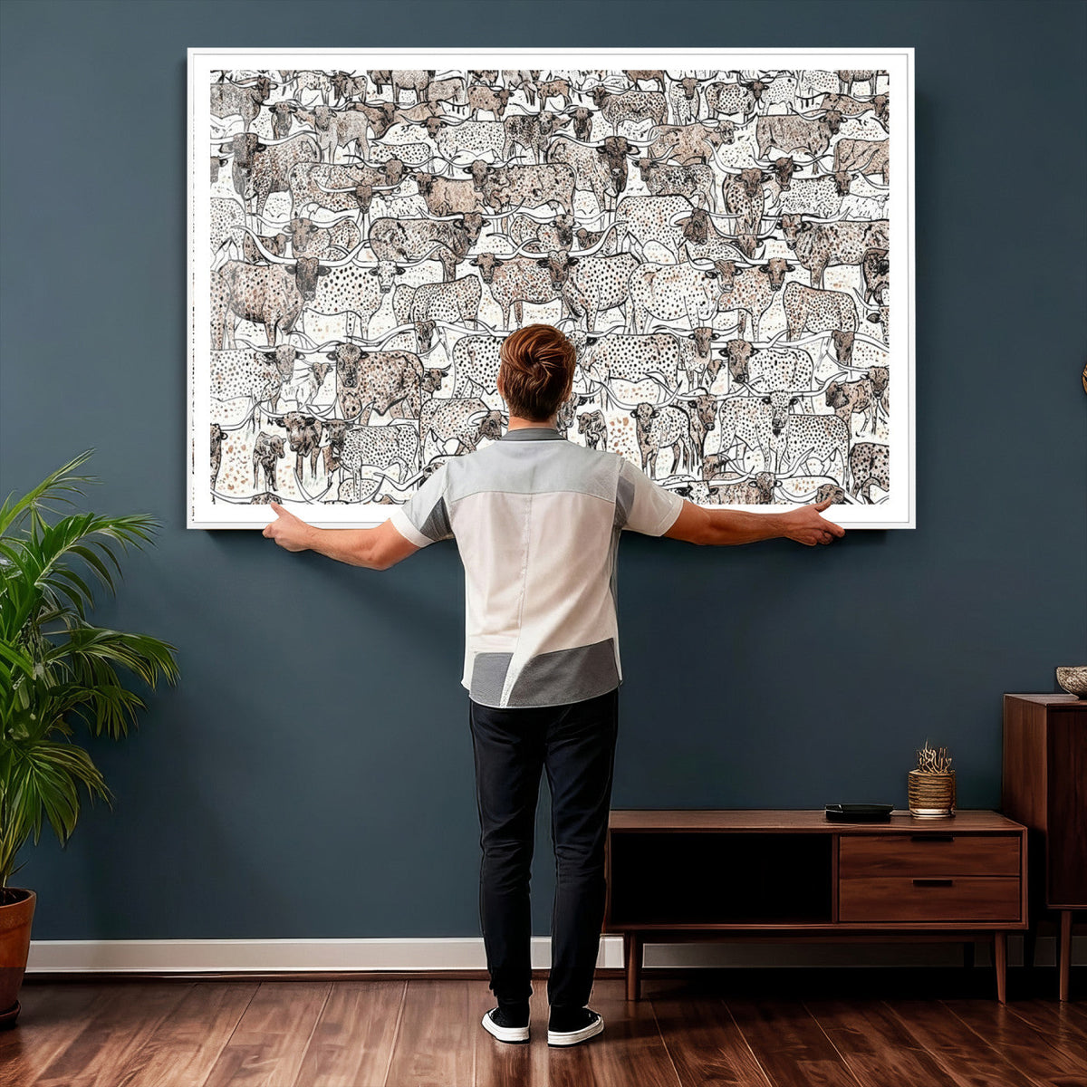 Abstract Texas Cow Wall Art Canvas Print, Farm Longhorn Art for Cabin Decor