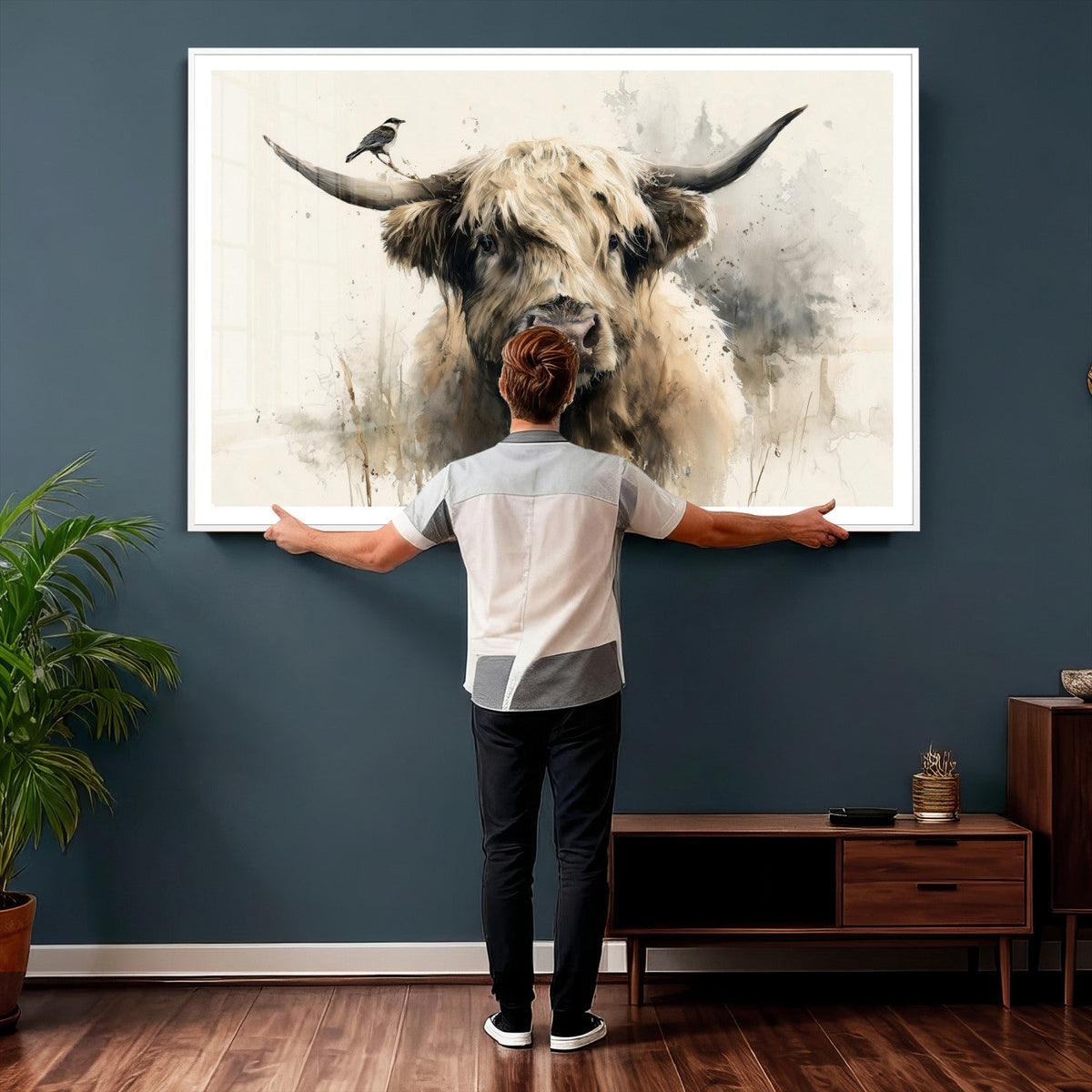 Abstract Highland Cow Wall Art Canvas Print, Rustic Farm Cattle Portrait