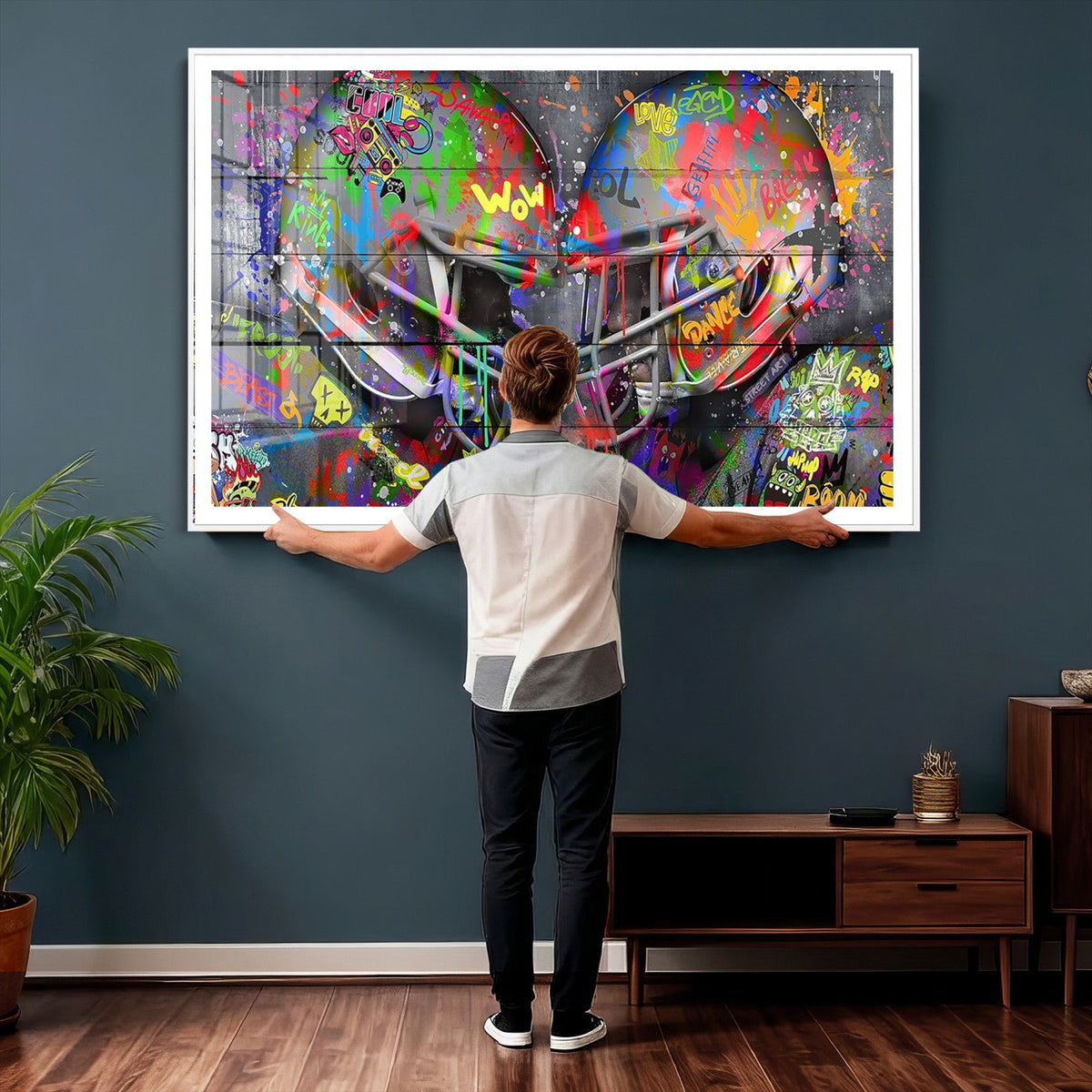 Graffiti Football Helmets Wall Art Canvas Print, Urban Street Art