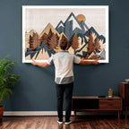 Layered Wooden Mountain Wall Art Canvas Print, Modern Rustic Forest and Pine Landscape