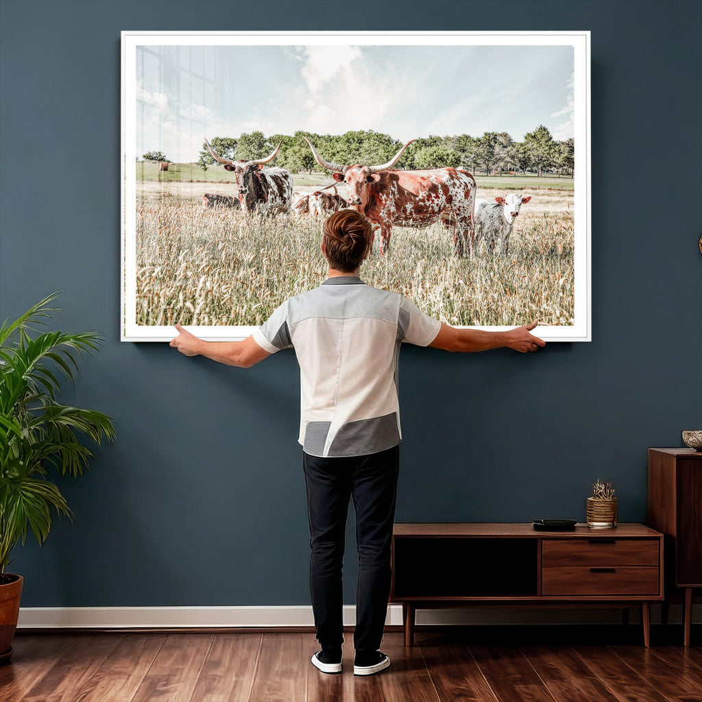 Texas Longhorn Cattle Wall Art Canvas Print, Western Ranch Landscape Decor