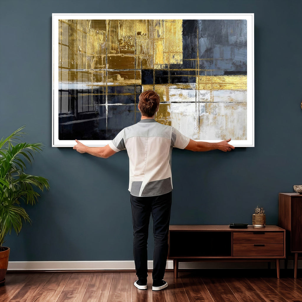 Gold Navy Abstract Wall Art Canvas Print, Modern Luxury Geometric Art for Living Room and Office