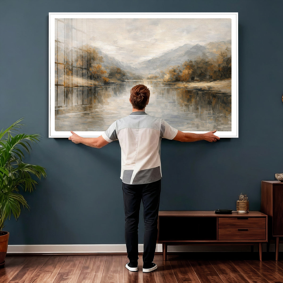Neutral Abstract River Landscape Wall Art Canvas Print