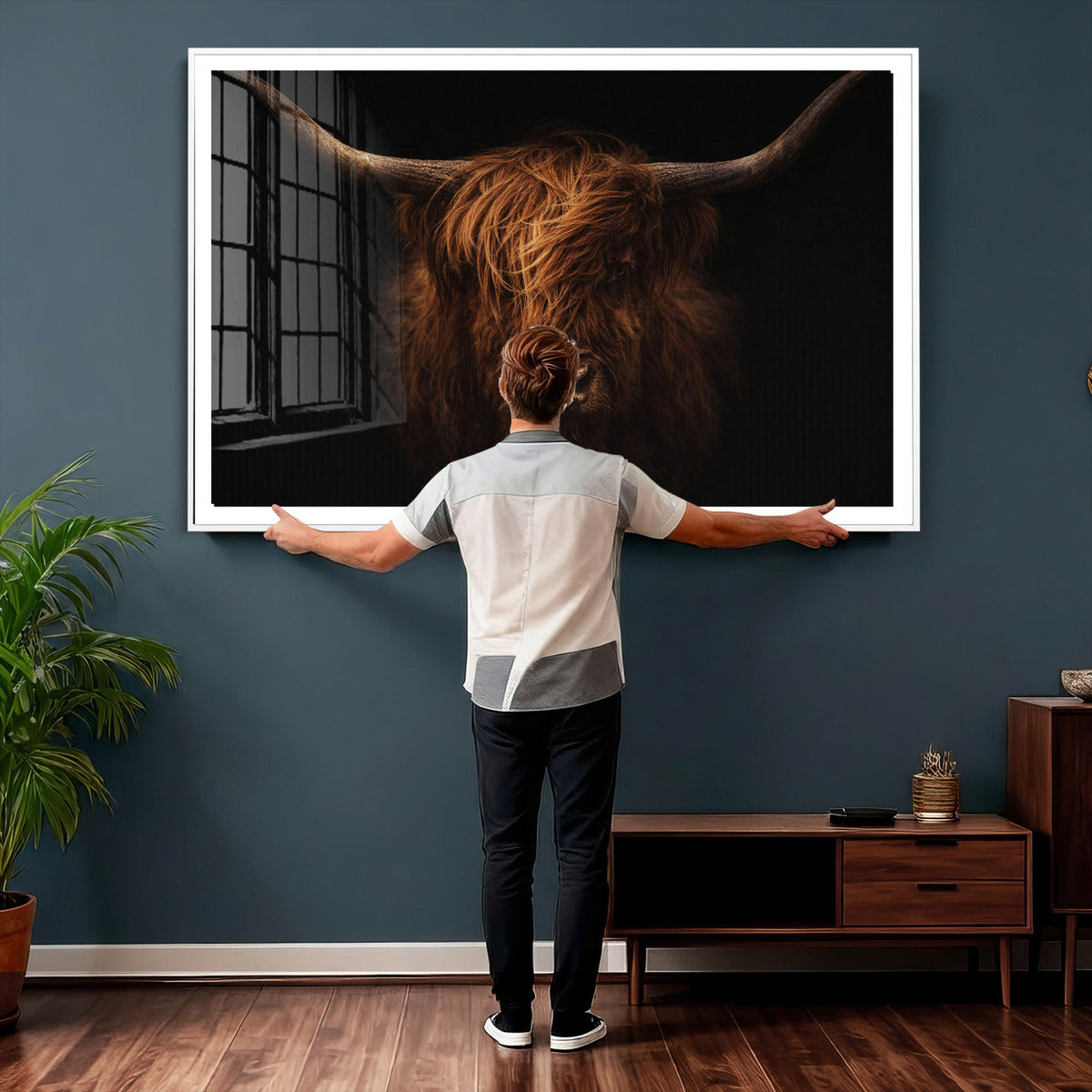 Highland Cow Wall Art Canvas Print | Moody Dark Rustic Farmhouse Portrait