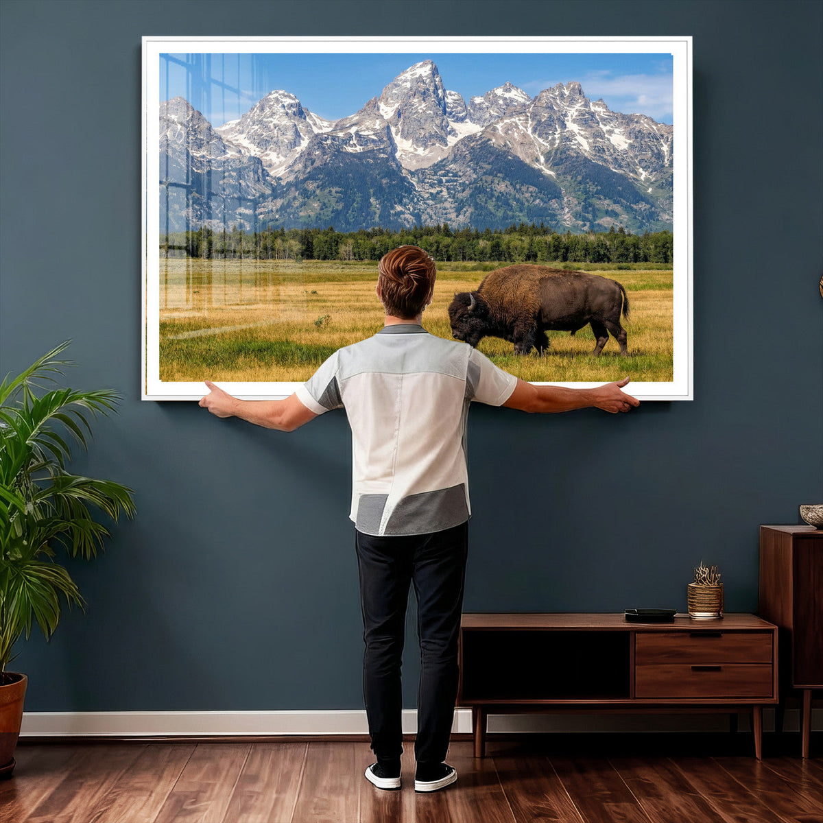 Bison in Mountain Landscape Wall Art Canvas Print, Western Decor