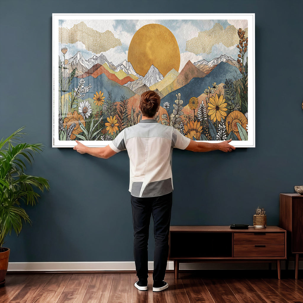 Boho Mountain Landscape Large Wall Art, Horizontal Gold Sun and Flowers Print
