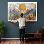 Boho Mountain Landscape Large Wall Art, Horizontal Gold Sun and Flowers Print