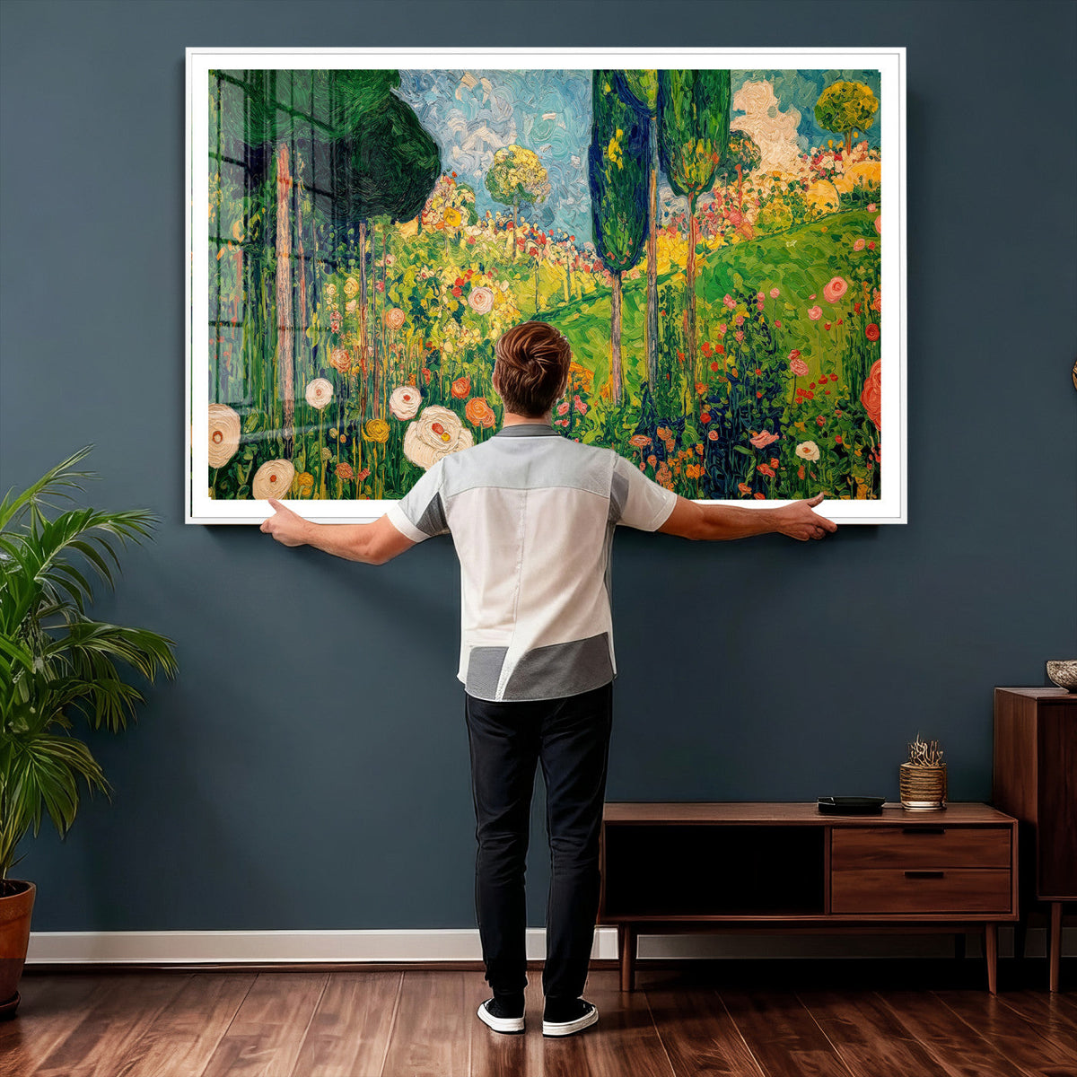 Gustav Klimt Boho Mountain Landscape Large Wall Art, Gold Sun and Flowers Print