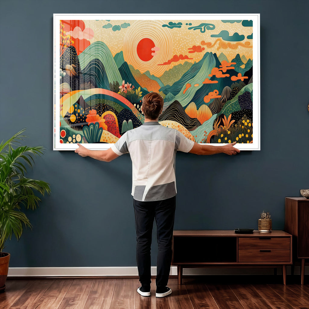 Yayoi Kusama Boho Mountain Landscape Large Wall Art, Gold Sun and Flowers Print