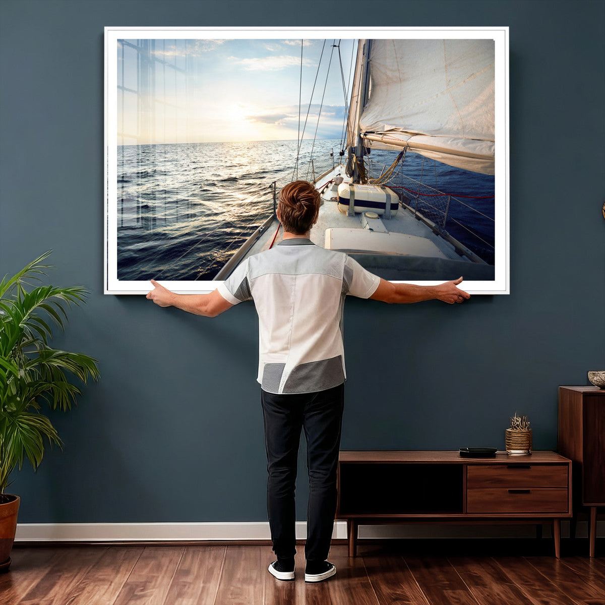 Sailboat Wall Art Canvas Print, Ocean Sunset Sailing Framed Artwork