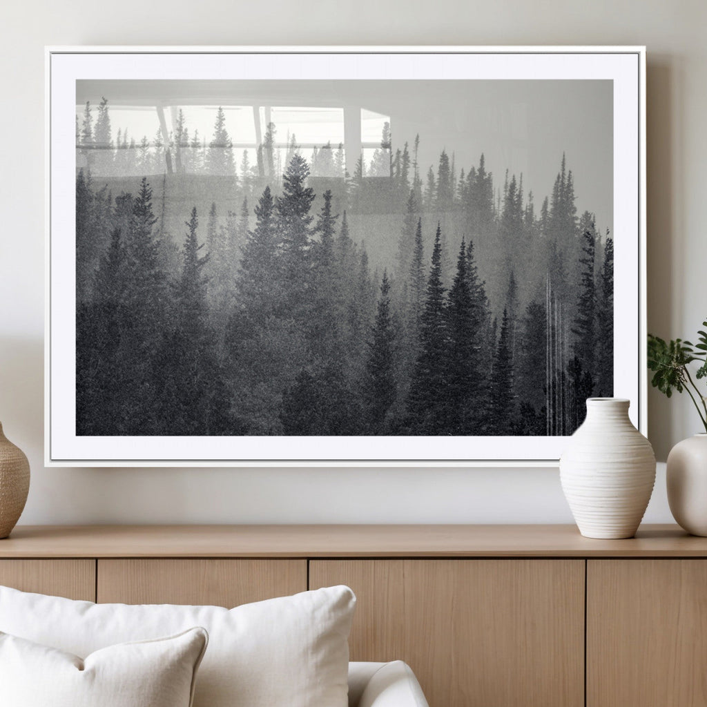Misty Forest Canvas Wall Art | Monochrome Triptych Pine Tree Print