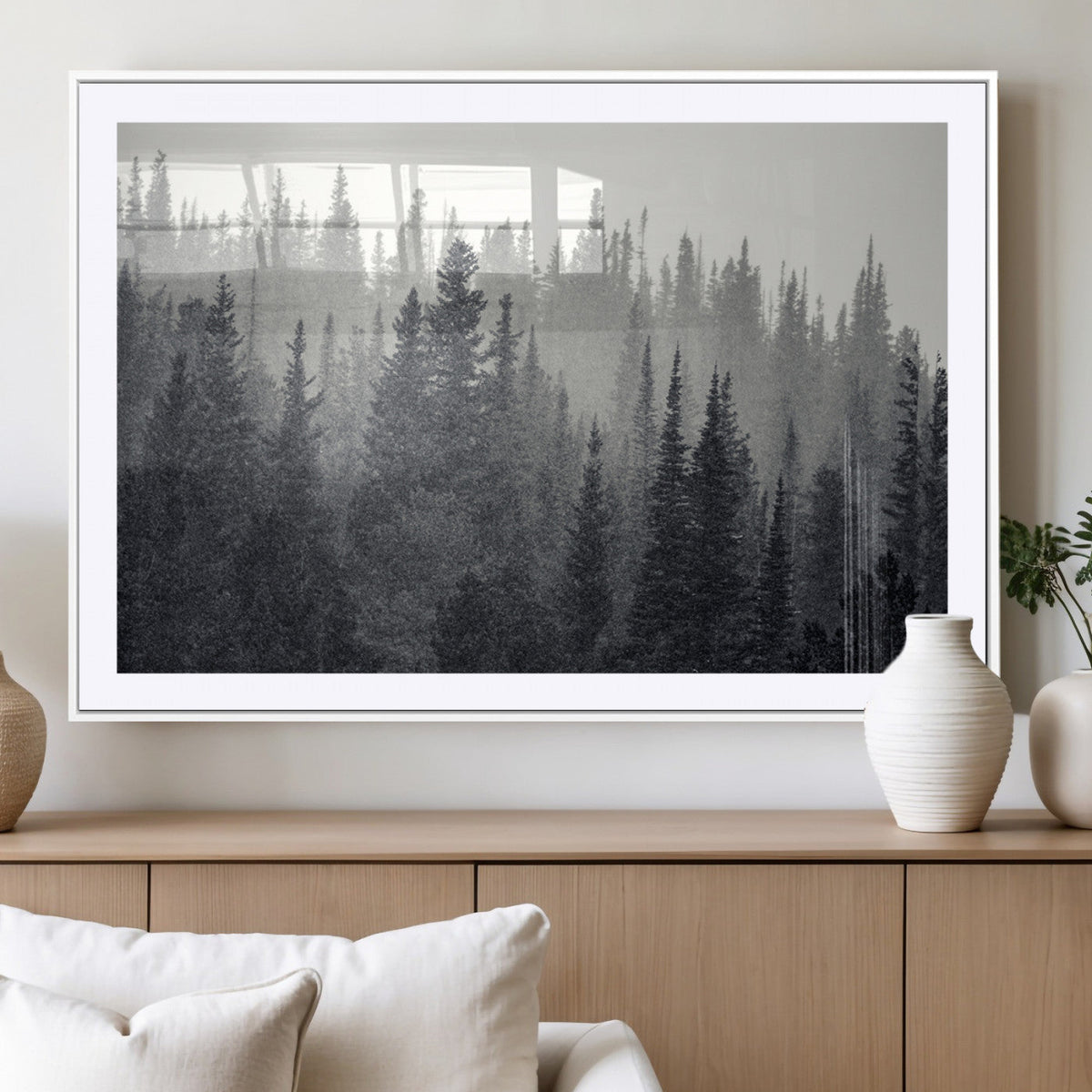 Misty Forest Canvas Wall Art | Monochrome Triptych Pine Tree Print