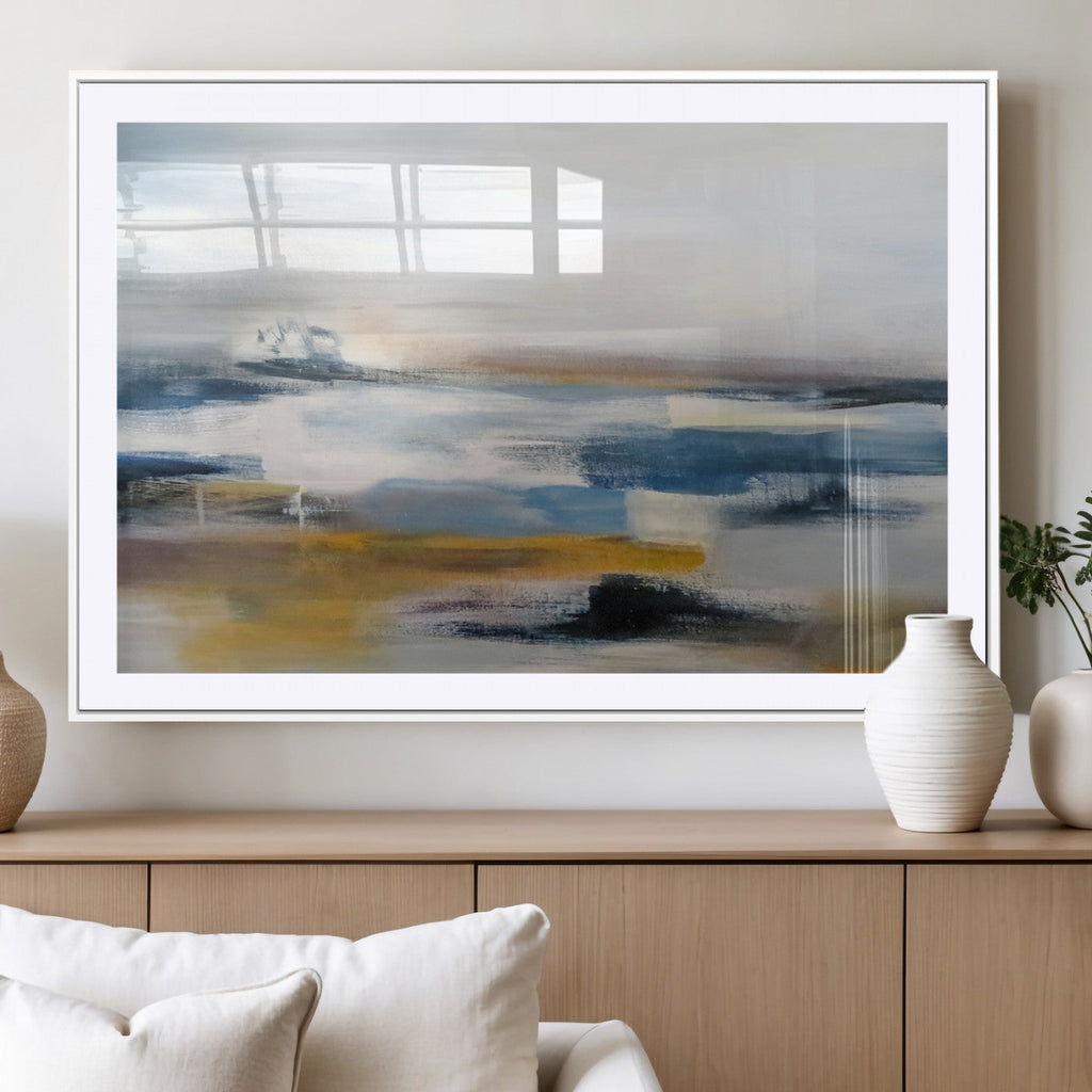 Abstract Landscape Wall Art Canvas | 3 Panel Modern Blue, Gold and White Canvas Art