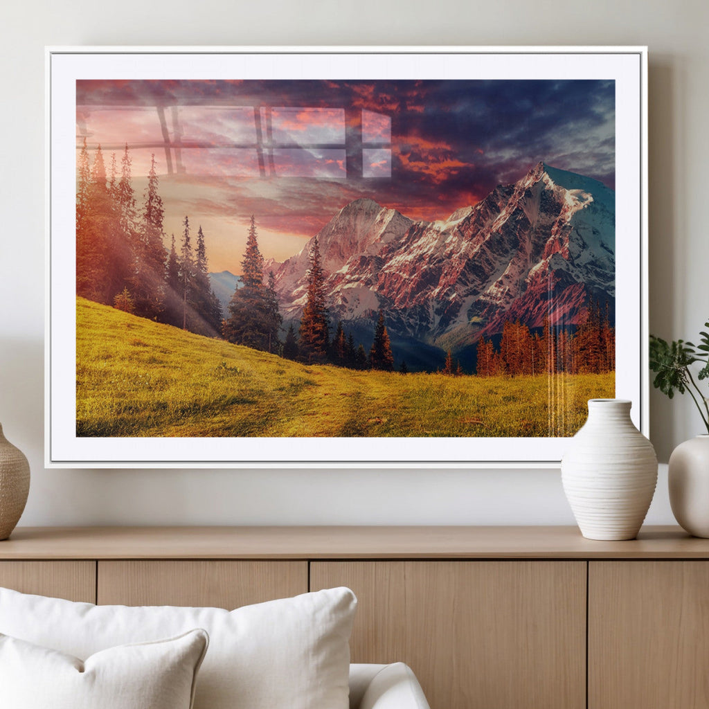 Mountain and Daylight Red Sunset Wall Art Canvas Print
