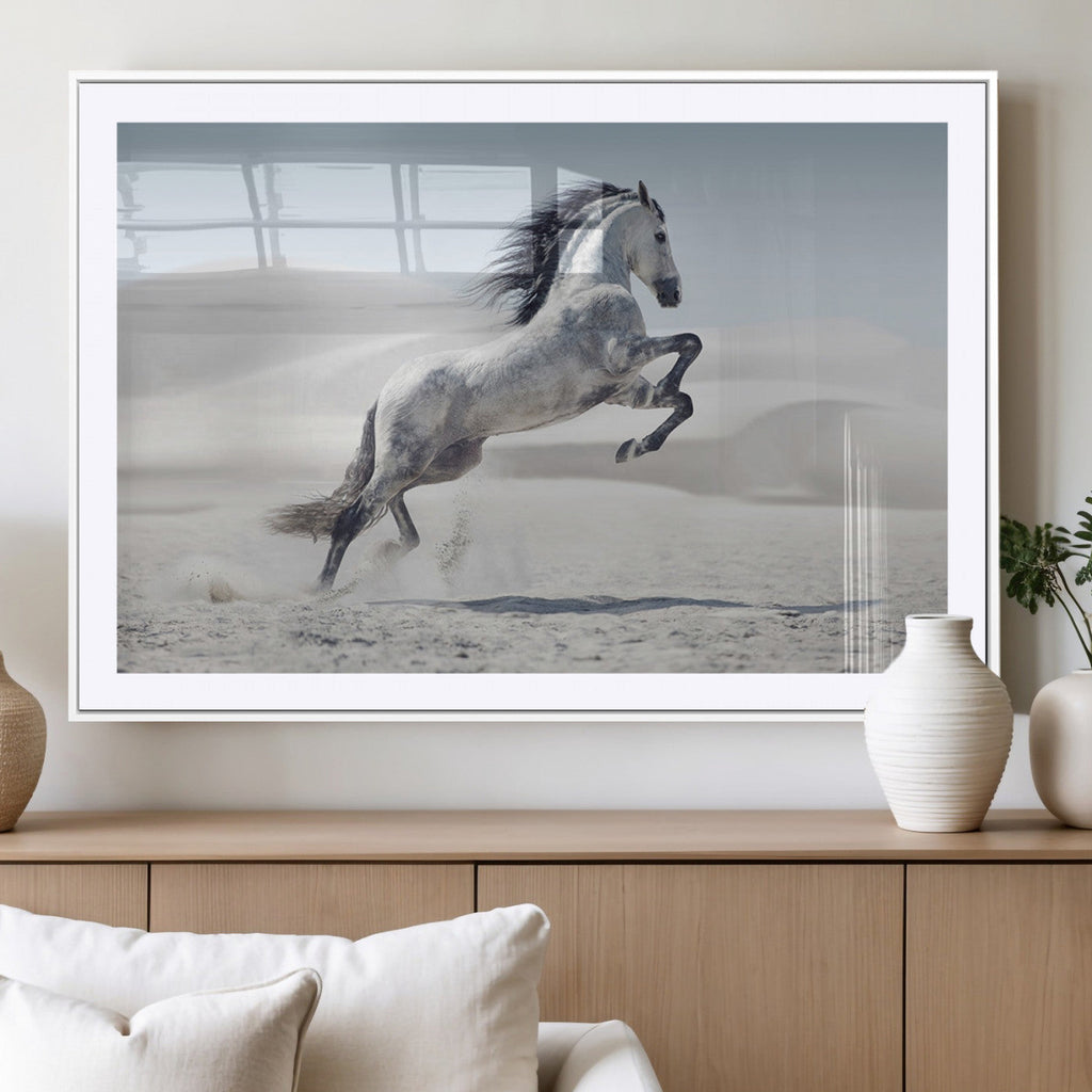 Prancing Horse Desert Large Wall Art Canvas Print, Majestic Horse Animal Artwork