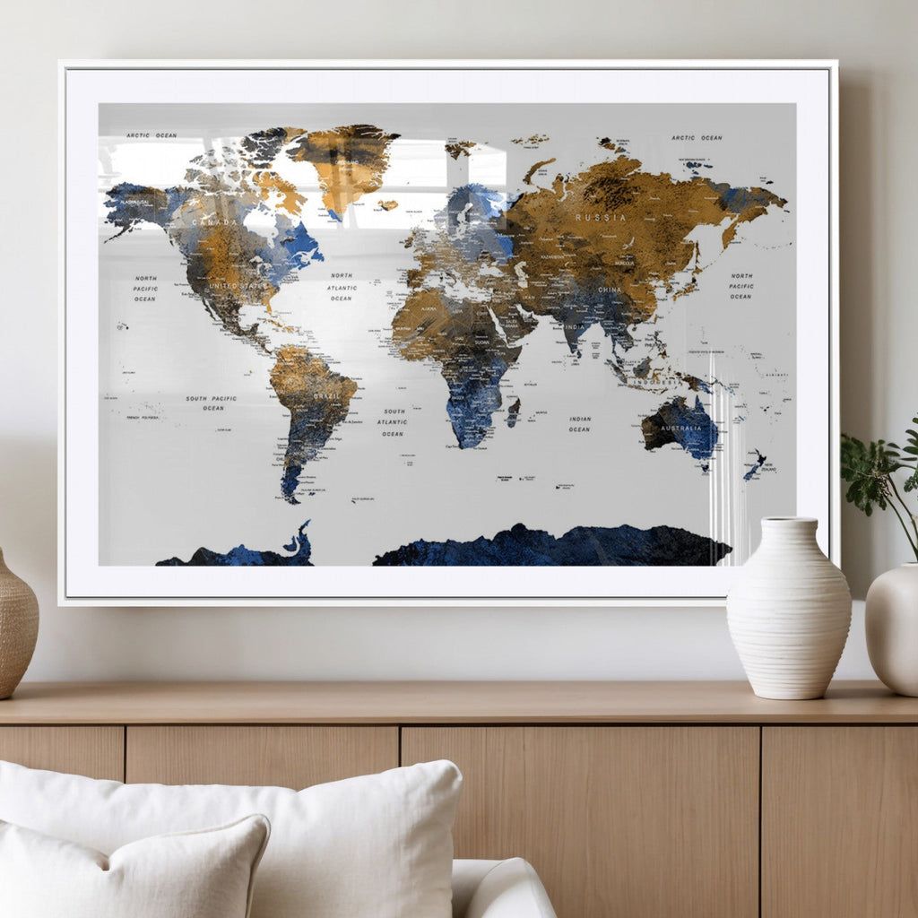 Modern Abstract World Map Canvas Wall Art | Framed Blue and Gold Map Print