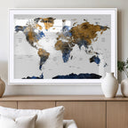 Modern Abstract World Map Canvas Wall Art | Framed Blue and Gold Map Print