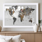 Modern Metallic World Map Canvas Wall Art | Framed Contemporary World Map Print