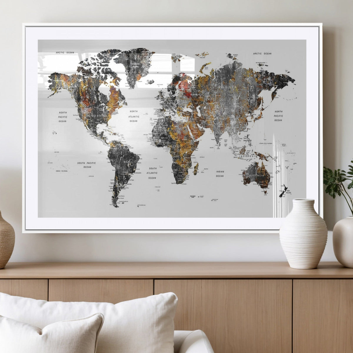 Modern Metallic World Map Canvas Wall Art | Framed Contemporary World Map Print