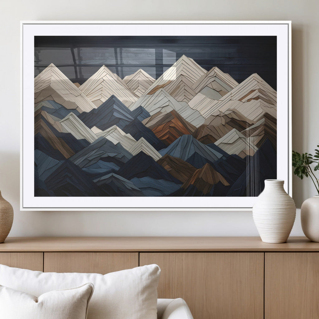 Rustic Mountain Landscape Wall Art Canvas Print, Framed 3D Wooden Effect Mountain Art