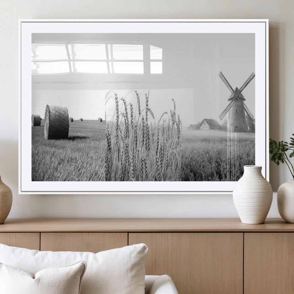 Vintage Farmhouse Black and White Triptych Wall Art, Giclee Canvas with Wheat Fields, Hay Bales and Windmill