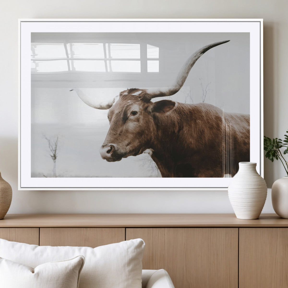 Rustic Bull Wall Art Canvas Print, Modern Longhorn Farmhouse Animal Decor
