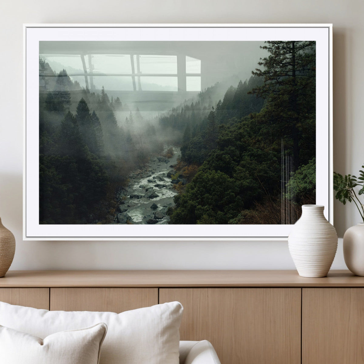 Misty Forest Wall Art, Tranquil Nature Landscape, Ready to Hang | Extra Large 3 Piece Canvas Wall Art