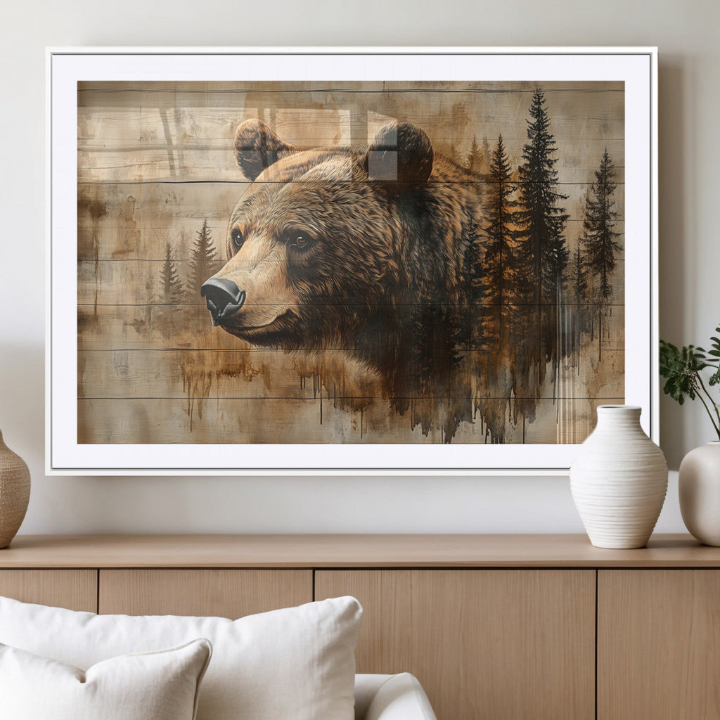 Rustic Grizzly Bear Wall Art, Abstract Grizzly 399 Bear Canvas Print, Woodland Wildlife