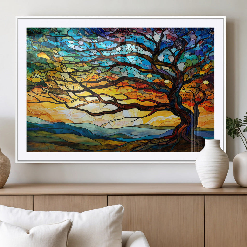 Vibrant Mosaic Tree of Life Wall Art, Stained Glass Style Canvas Print