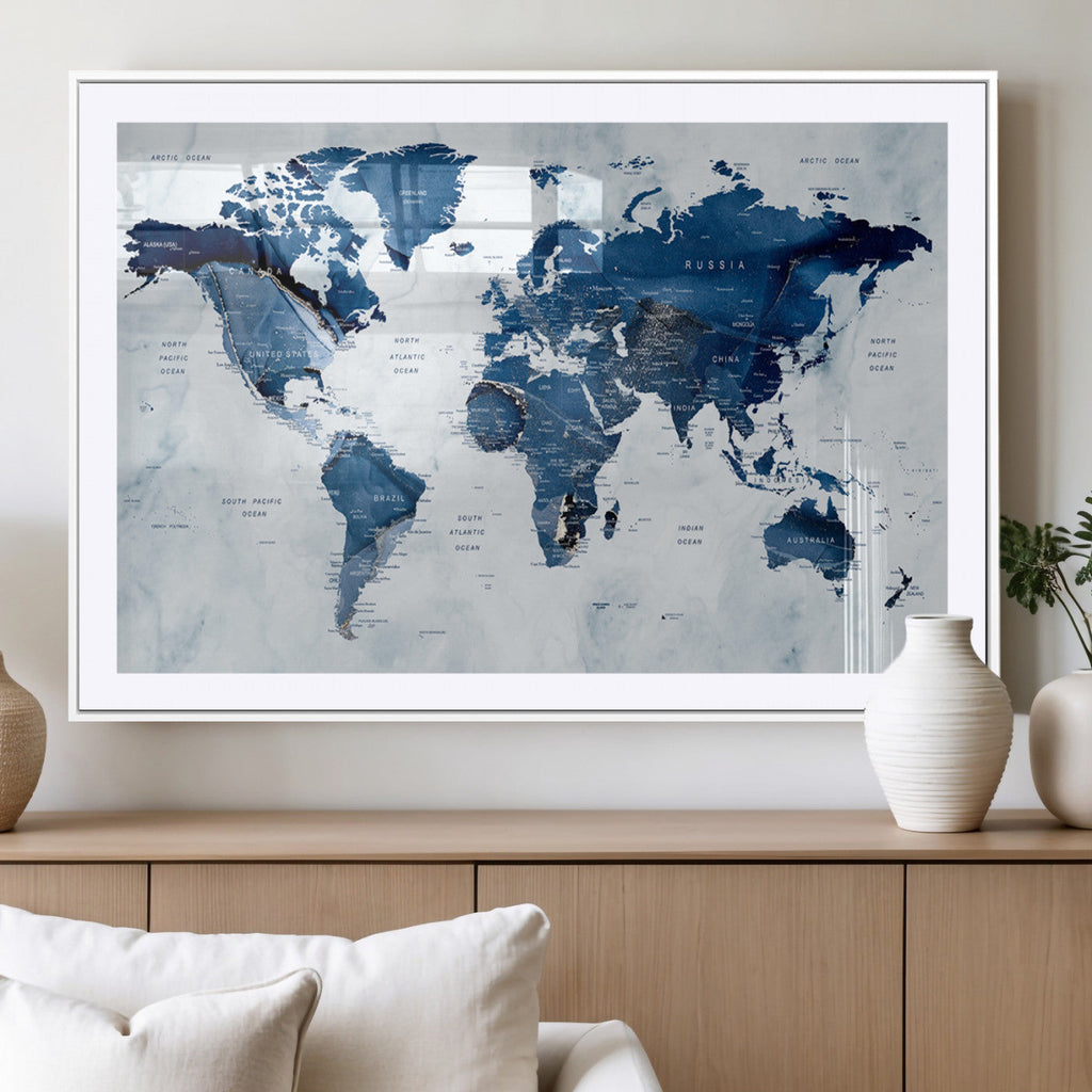 Modern Blue World Map Canvas Print | Elegant Travel Map Wall Art for Home Office