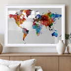 Colorful World Map Canvas Wall Art Print, Contemporary Global Map Artwork